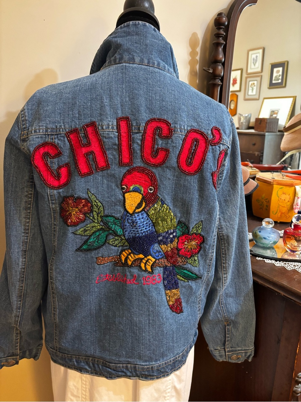 Chico’s Anniversary Edition Denim Jacket with Parrot Design